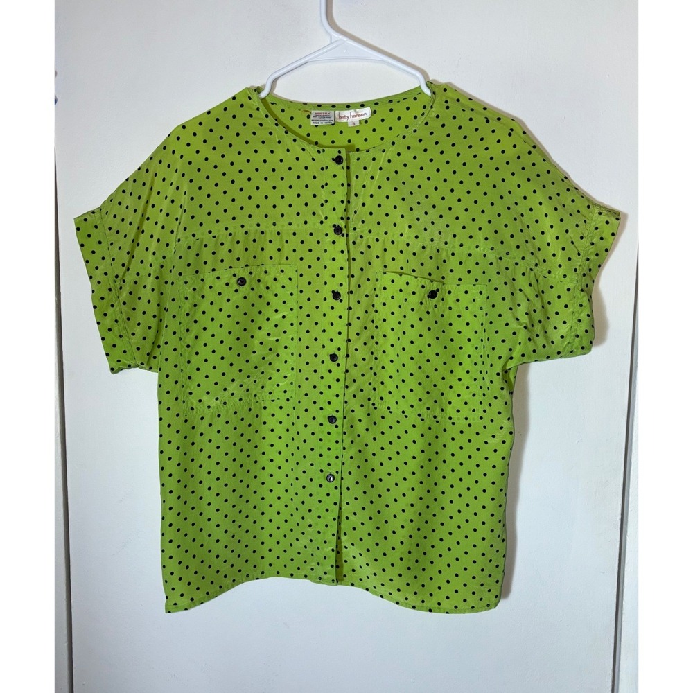 Betty Hanson Vintage 100% Silk Blouse Sz 8 Lime Green Polka Dot Button Down Top